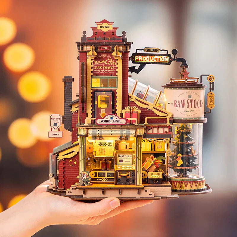 A detailed wooden model of a vintage dream gift factory with red brick and gold accents warehouse diy assemble music box