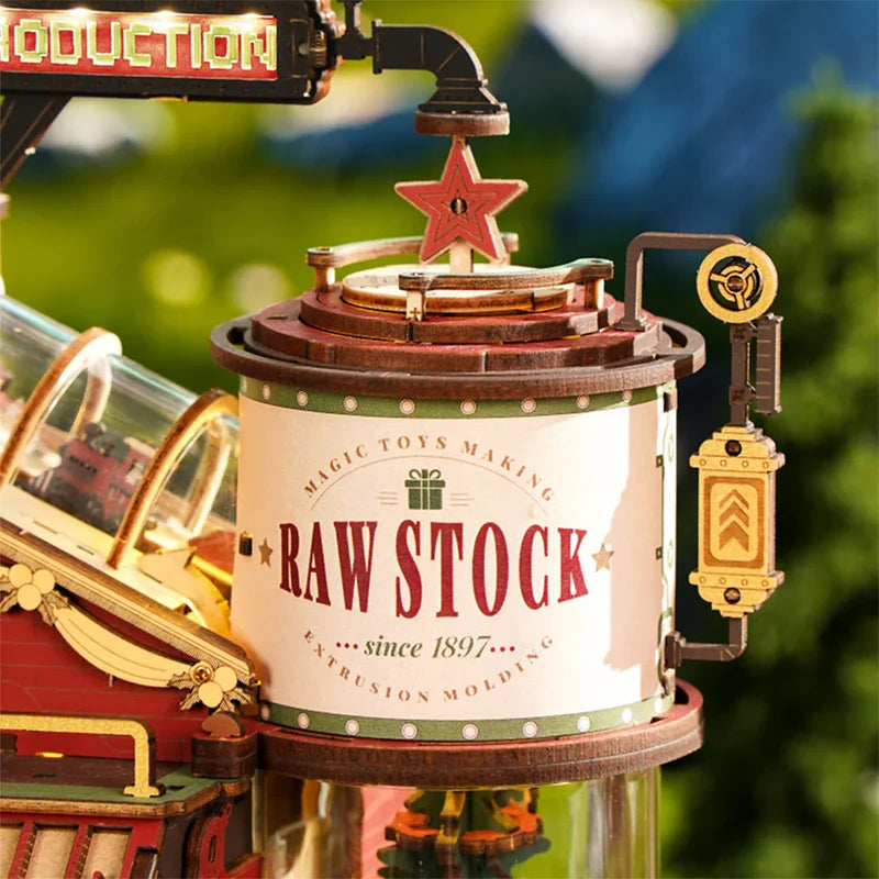 A steampunk-style wooden dream gift factory model with cream raw stock label and brass fittings in warehouse diy assemble kit
