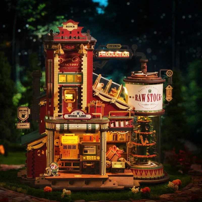 Detailed wooden dream gift factory model with red cream facades illuminated interior and factory music box feature