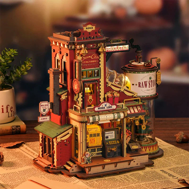 Detailed red and brown wooden dream gift factory model featuring warehouse diy assemble and factory music box elements