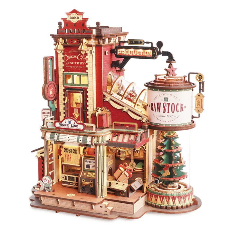 Red and gold wooden 3d puzzle dream gift factory warehouse diy assemble factory music box model with christmas tree detail