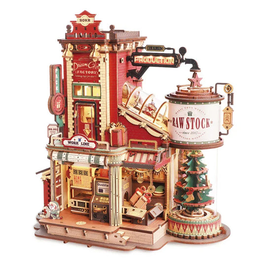 Red and gold wooden 3d puzzle dream gift factory music box with intricate details and miniature christmas tree enclosure