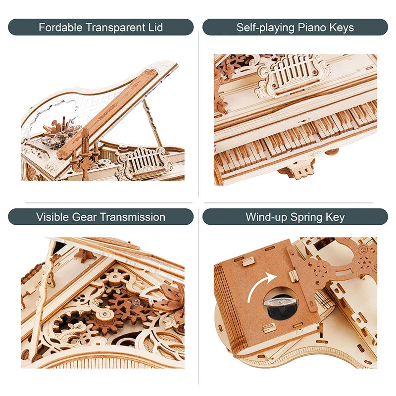 Robotime rokr wooden mechanical music box magic piano model with transparent lid self-playing keys and gear transmission