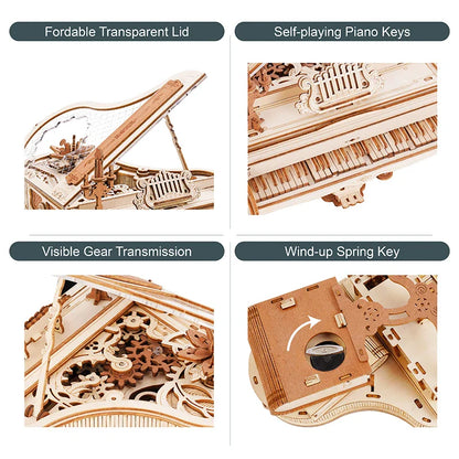 Robotime rokr wooden mechanical music box magic piano model with transparent lid self-playing keys and gear transmission