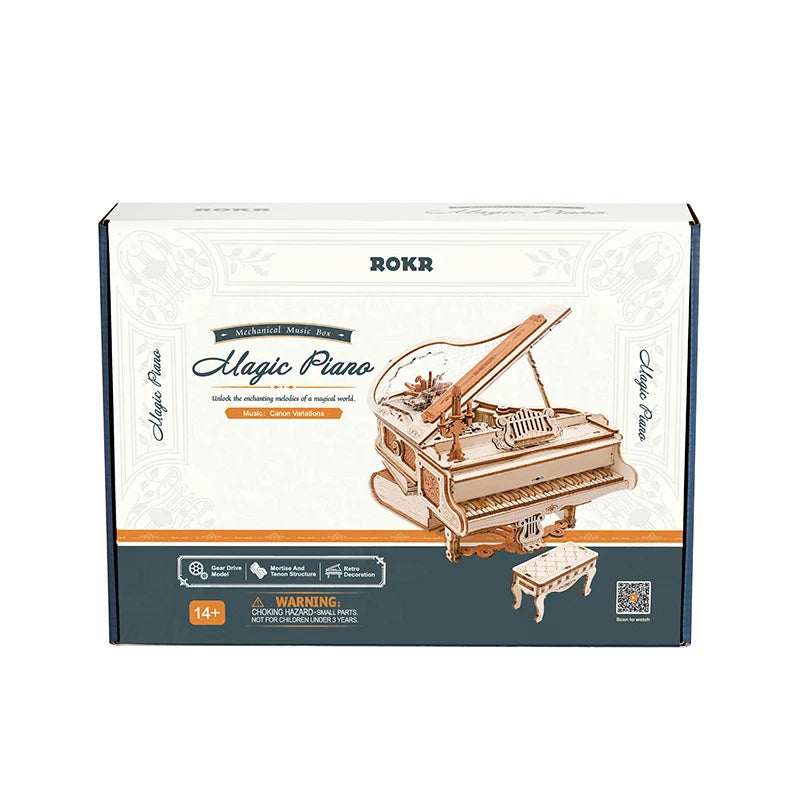 Robotime rokr magic piano model kit featuring a detailed wooden mechanical music box with intricate craftsmanship