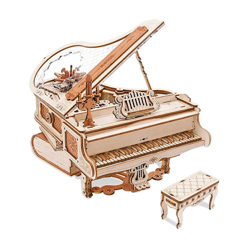 Robotime rokr 3d wooden piano model kit with light beige finish and detailed carvings featuring mechanical music box mechanism