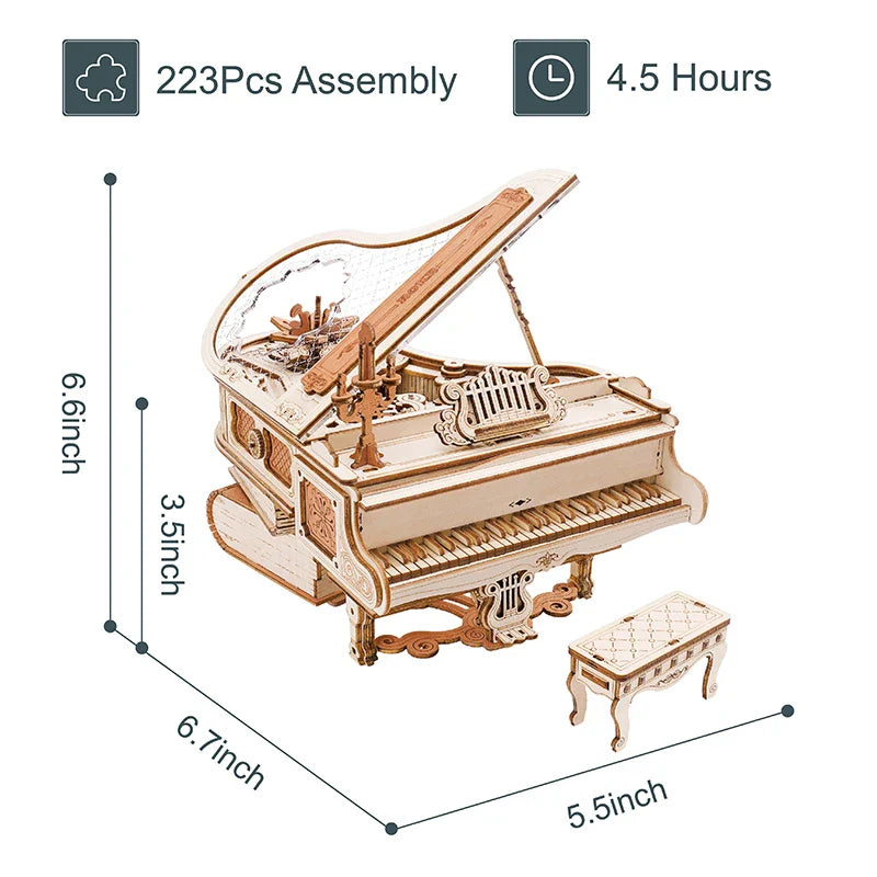 Detailed wooden magic piano model with intricate carvings light beige finish and matching stool in mechanical music box kit