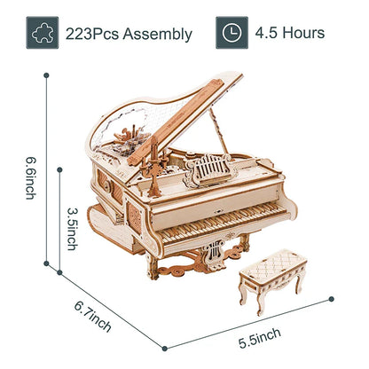 Detailed wooden magic piano model with intricate carvings light beige finish and matching stool in mechanical music box kit