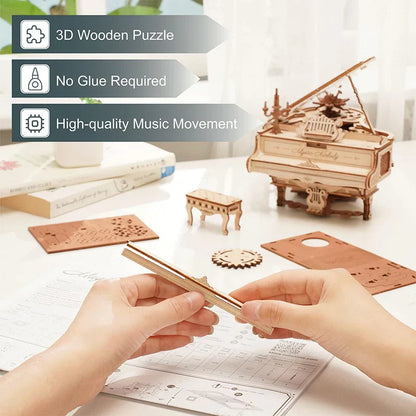 A finely crafted natural wood magic piano model with intricate detailing from robotime rokr us warehouse diy kit