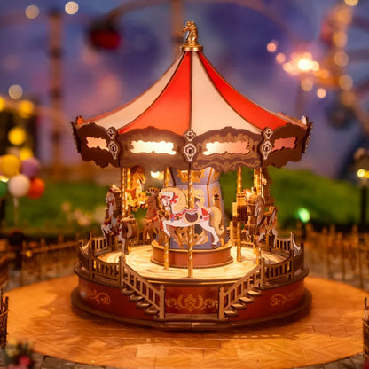 Robotime rolife classic red and cream wooden puzzle moveable carousel music box with gold details and miniature horses