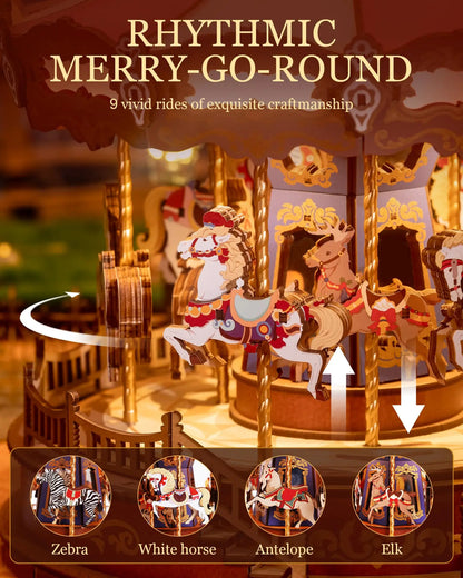 A robotime rolife classic wooden puzzle moveable carousel music box with colorful horses zebras antelopes and elk designs