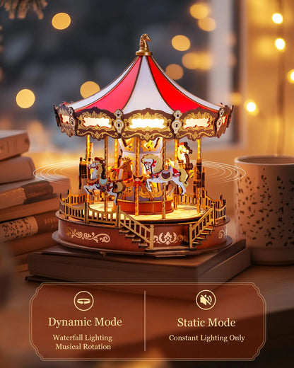 Robotime rolife classic wooden puzzle moveable carousel music box with red and white canopy and golden detailed horses
