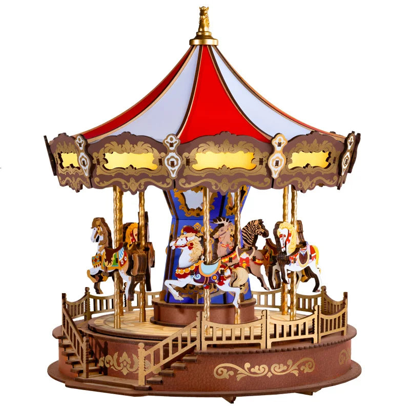 Robotime rolife classic wooden puzzle moveable carousel music box with red white canopy gold accents and colorful horses