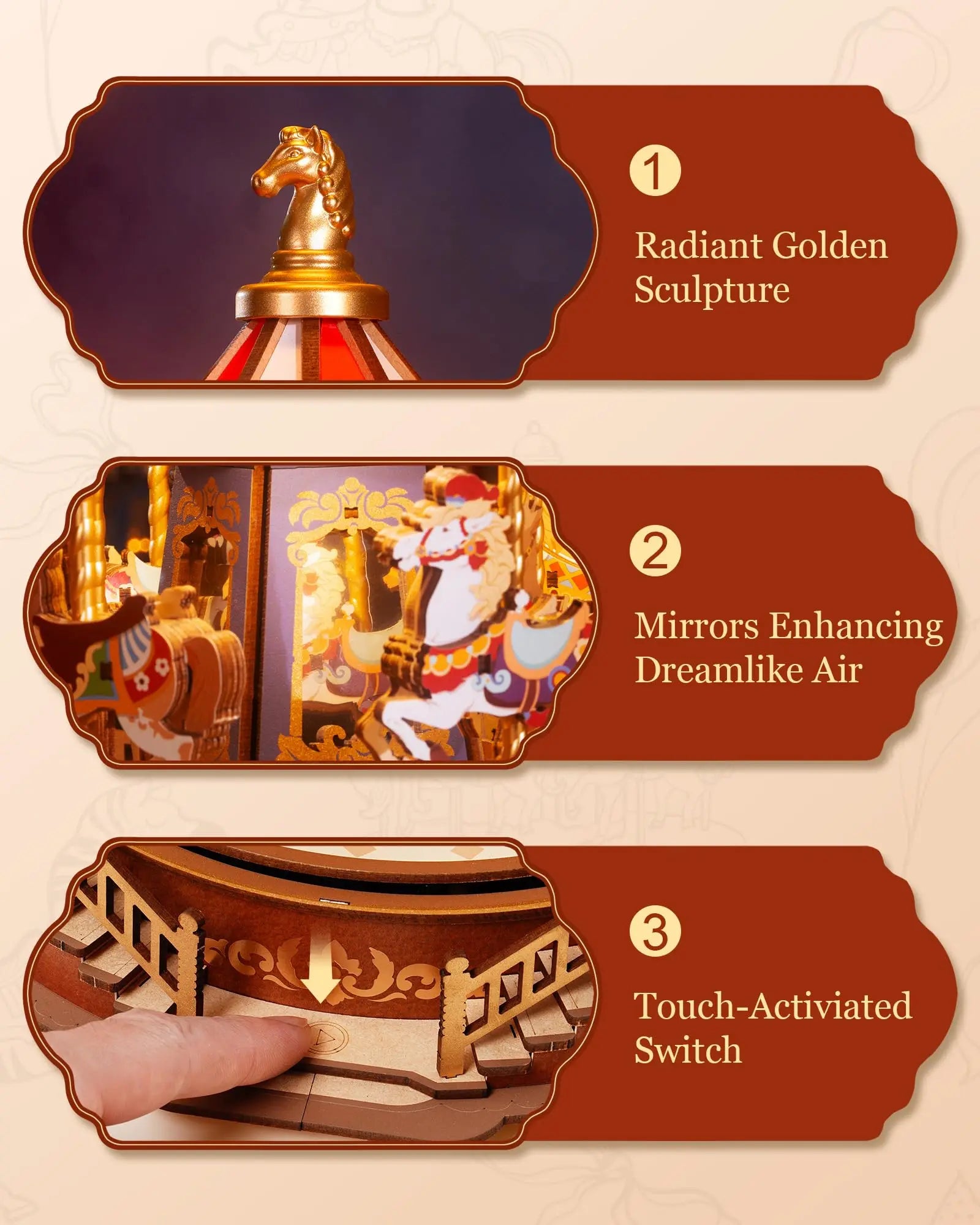 Radiant golden horse sculpture atop red and gold wooden puzzle moveable robotime rolife classic carousel music box