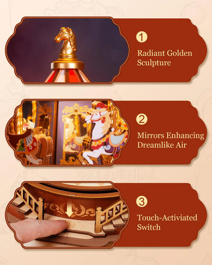 Radiant golden horse sculpture atop red and gold wooden puzzle moveable robotime rolife classic carousel music box