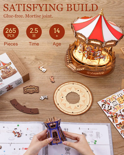 Robotime rolife classic wooden puzzle moveable red and white striped carousel music box with intricate carvings and golden top