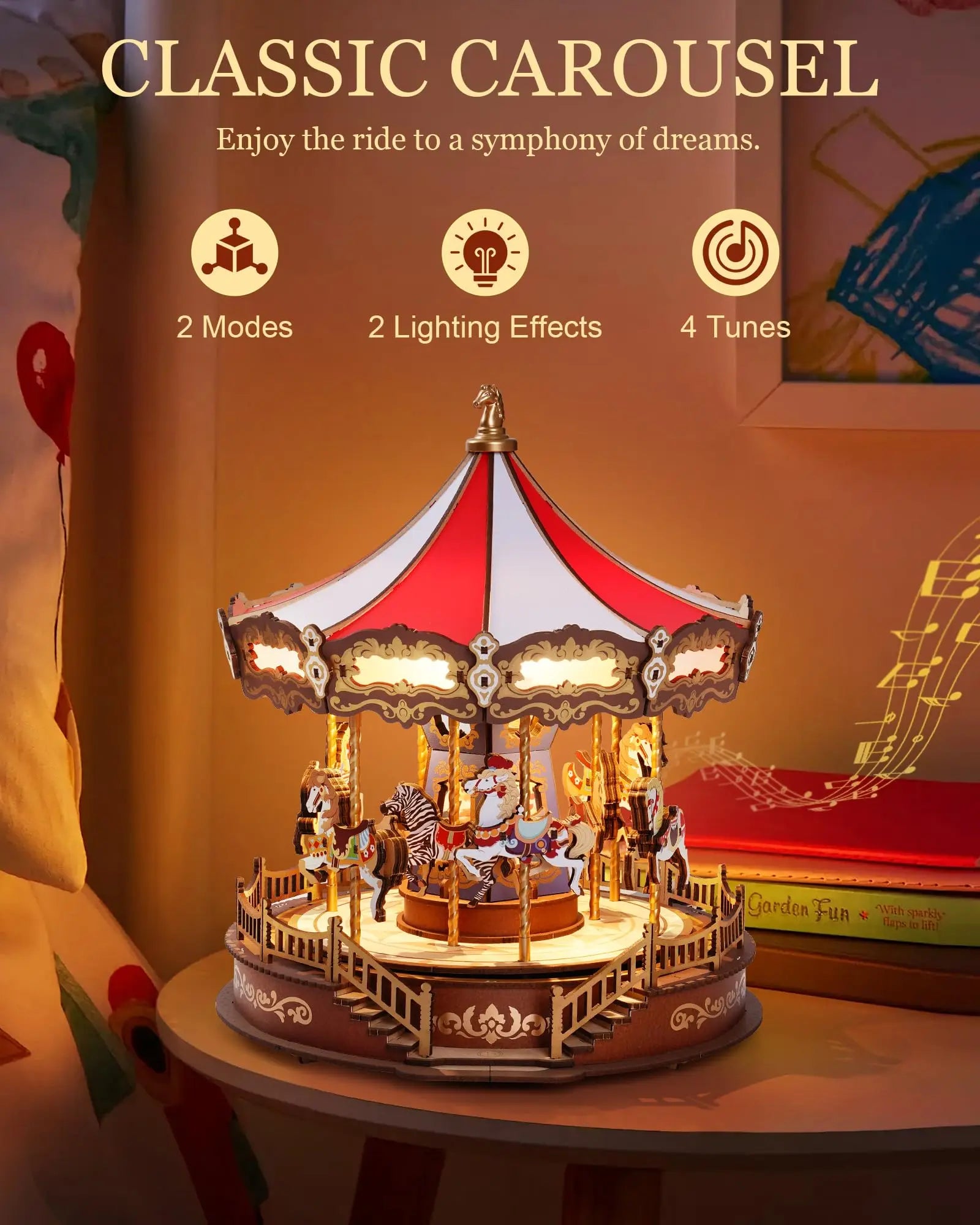 Robotime rolife classic red and white striped wooden puzzle moveable carousel music box with golden accents and miniature horses