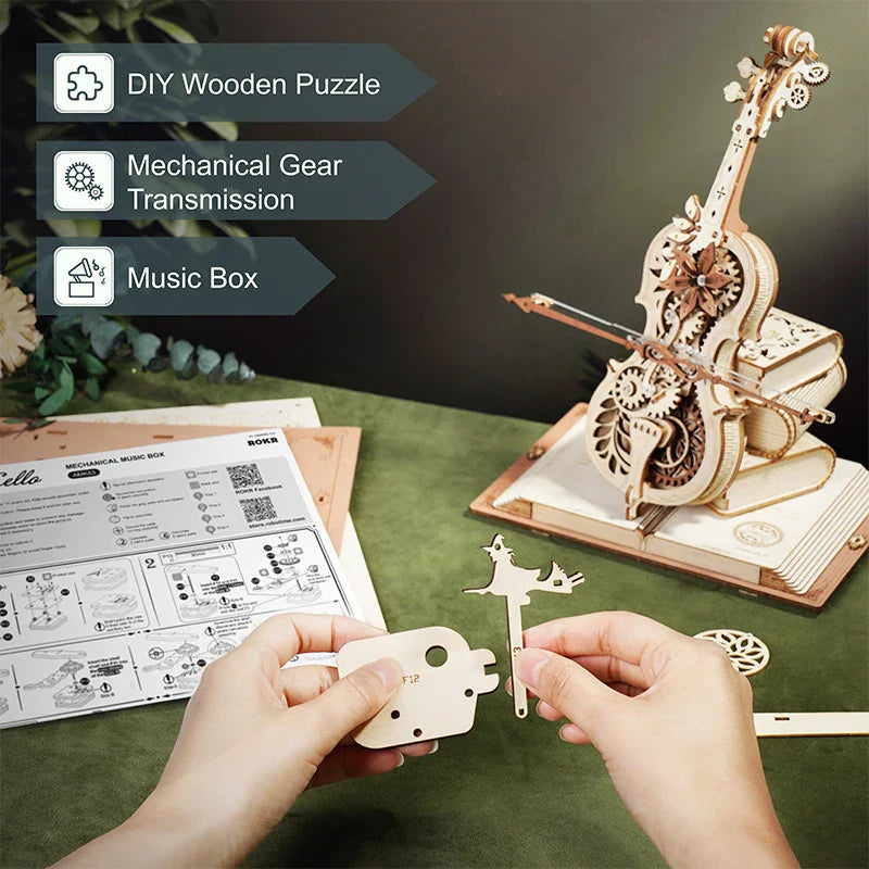Intricately designed wooden puzzle magic cello music box with visible gears and floral cutouts on a book-like base
