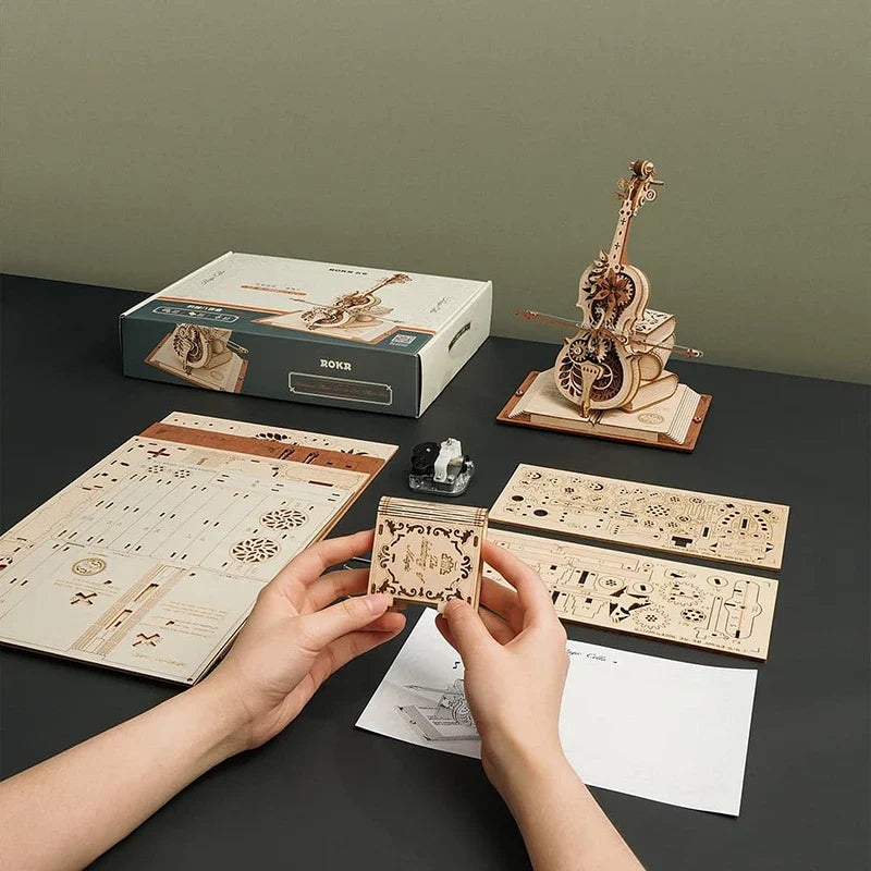 Intricately designed wooden puzzle magic cello model from Robotime warehouse diy assemble kit with laser-cut details