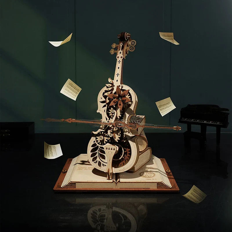 Intricately designed wooden puzzle magic cello model with gears and floral cutouts from Robotime US warehouse diy assemble kit