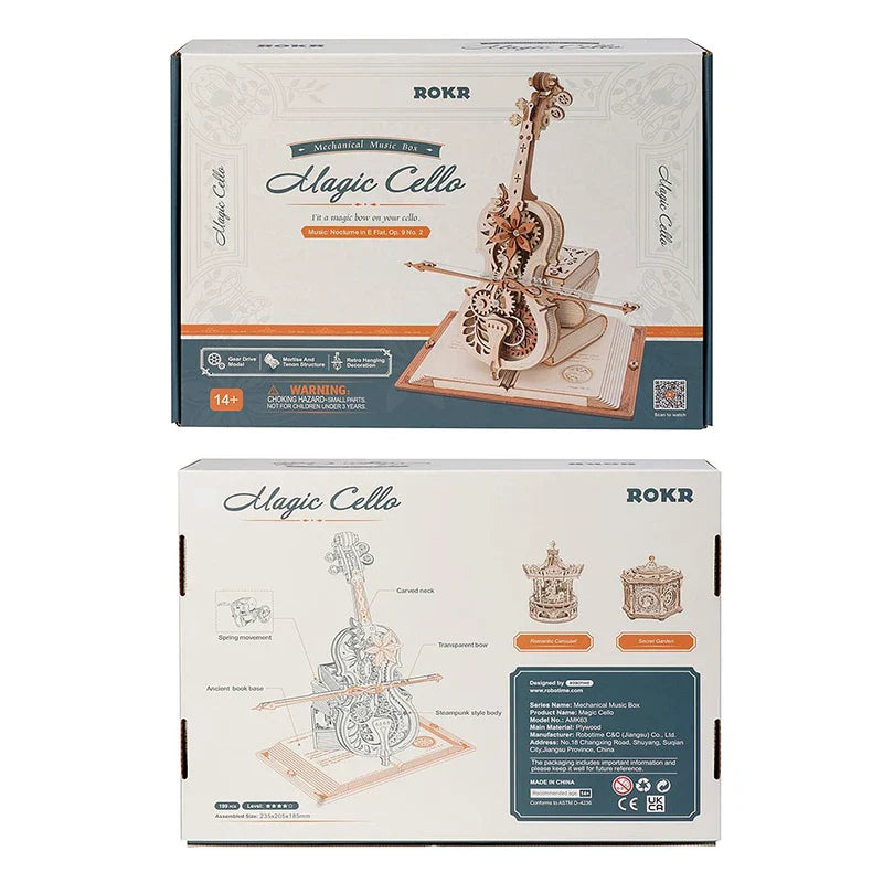 Wooden puzzle magic cello mechanical music box by rokr diy assemble toy from robotime us warehouse amk63 model kit