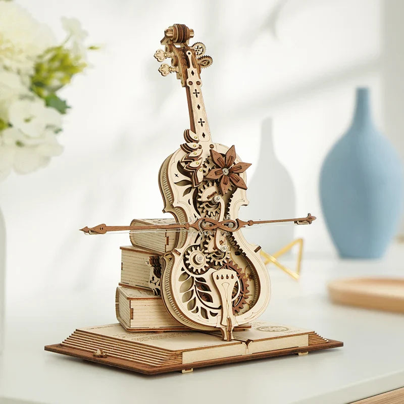 Intricately crafted wooden puzzle steampunk-style magic cello model with gears and floral details from Robotime US warehouse diy assemble kit