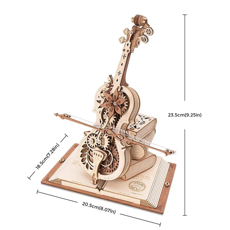 Intricately designed wooden puzzle magic cello model with gears and floral cutouts on open book base warehouse diy assemble
