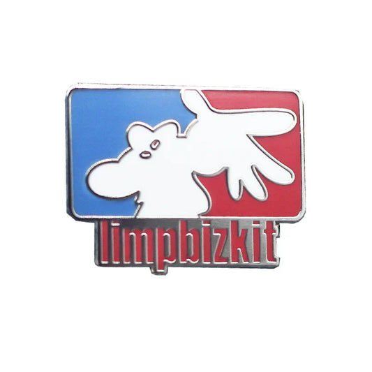 A metallic rock band enamel pin featuring a white cartoon dog on blue red background with limpbizkit text, fans boutique medal