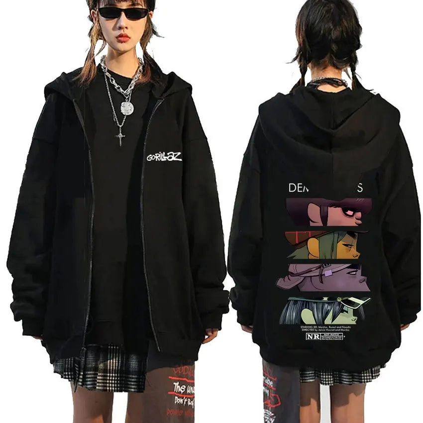 Black zip up hoodie with gorillaz demon days graphic on front and anime style character on back for hip hop fashion