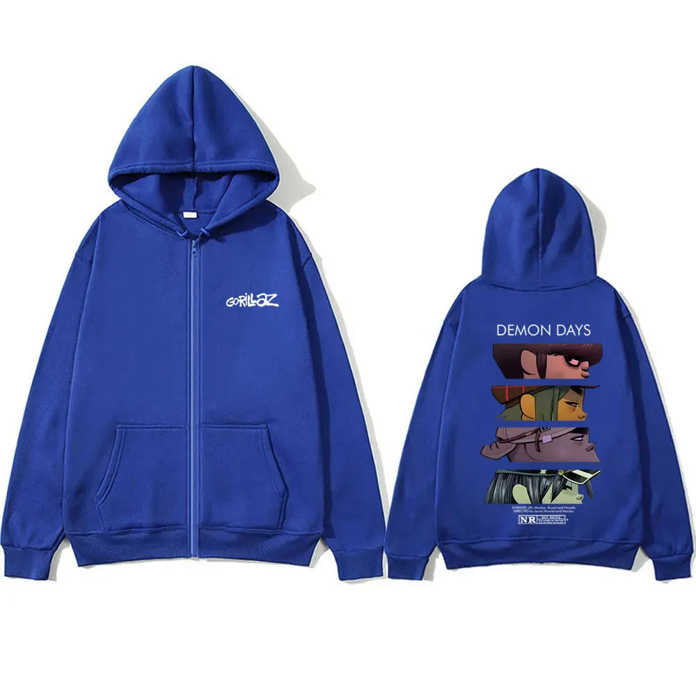 Royal blue zip-up hoodie with white gorillaz logo on chest and vibrant demon days eyes graphic on back for hip hop fashion