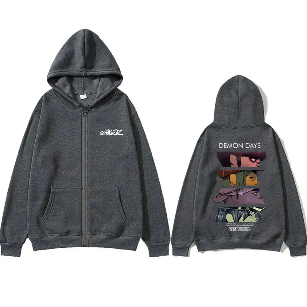 Dark gray zip up hoodie with white gorillaz logo on chest and detailed gorillaz demon days graphic on back for hip hop fashion