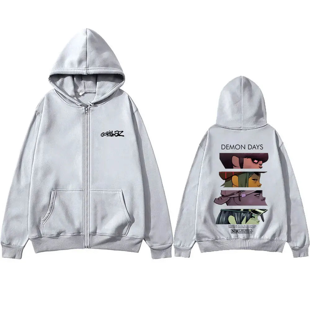 Light gray zip-up hoodie with black gorillaz logo on chest and detailed gorillaz demon days graphic on back for hip hop fashion