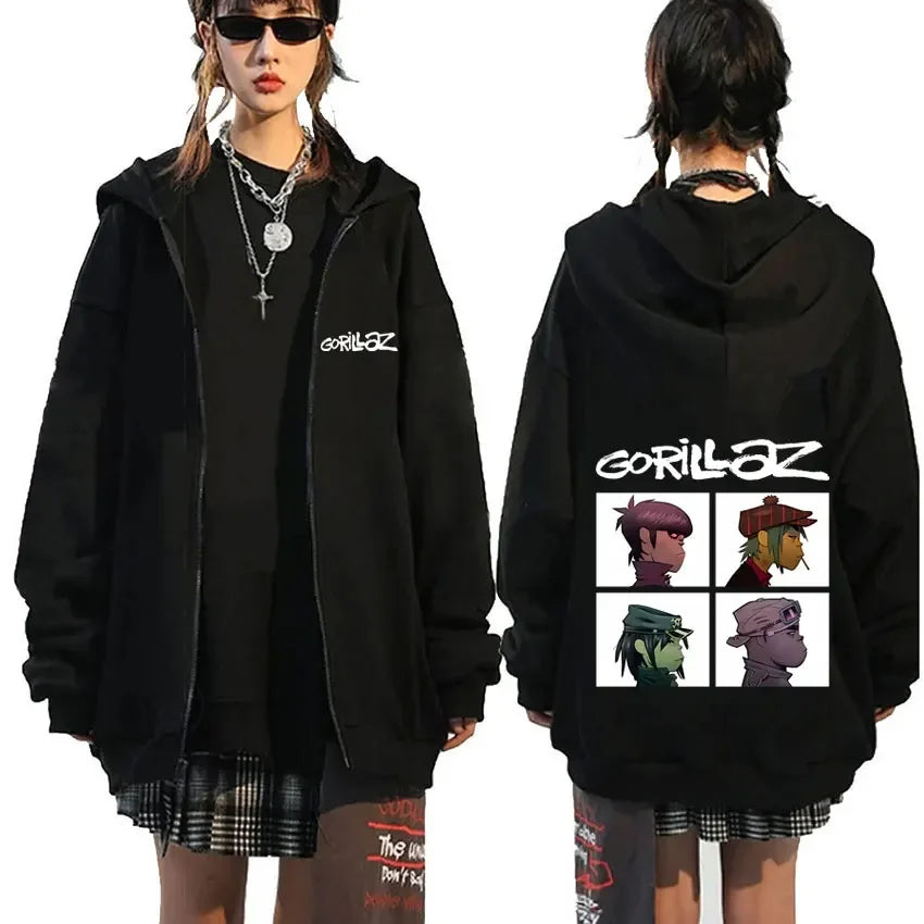 Black gorillaz zip up hoodie with white demon days eyes graphic front zipper hip hop fashion oversized jacket