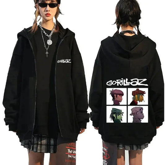 Black gorillaz zip up hoodie with white demon days eyes graphic front zipper hip hop fashion oversized jacket