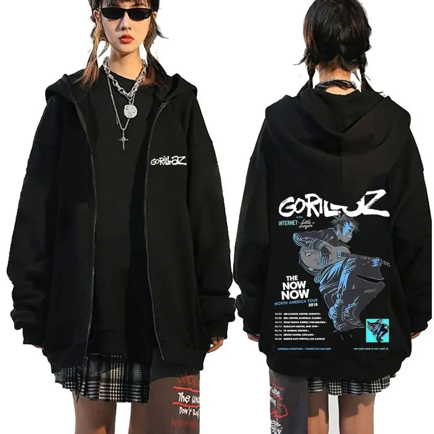 Black gorillaz hoodie with white and blue demon days eyes graphic and tour print for rock band gorillaz hip hop fashion
