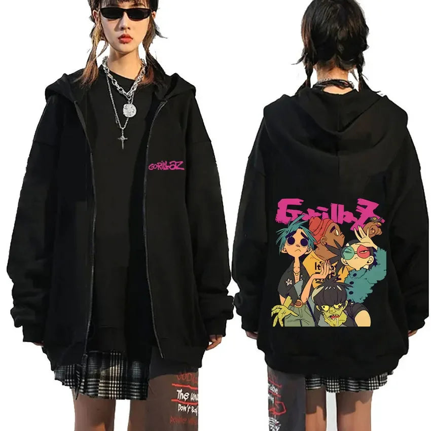 Black zip-up hoodie with vibrant pink gorillaz demon days graphic on back and logo on chest hip hop fashion jacket