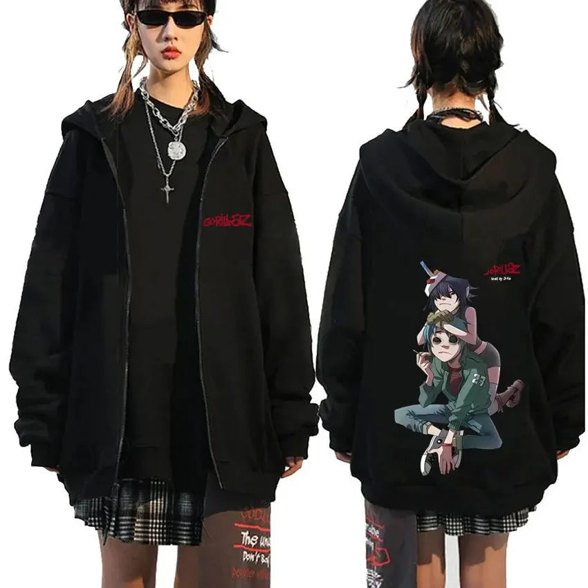 Black zip-up hoodie showing back side with gorillaz demon days anime graphic and red text in hip hop fashion style