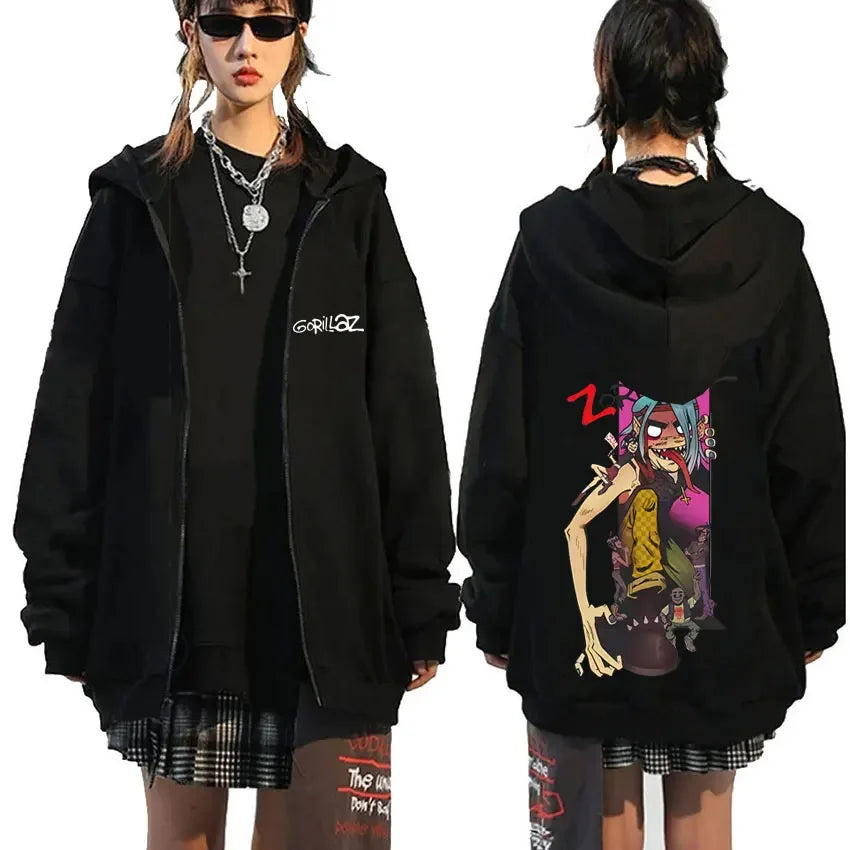 Black zip-up gorillaz hoodie with colorful cartoon graphic on back and gorillaz demon days branding on front for hip hop fashion