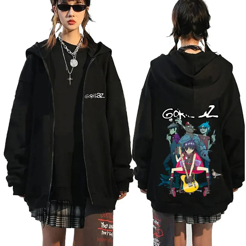 Black gorillaz hoodie with colorful gorillaz demon days graphic on back and white front lettering for hip hop fashion