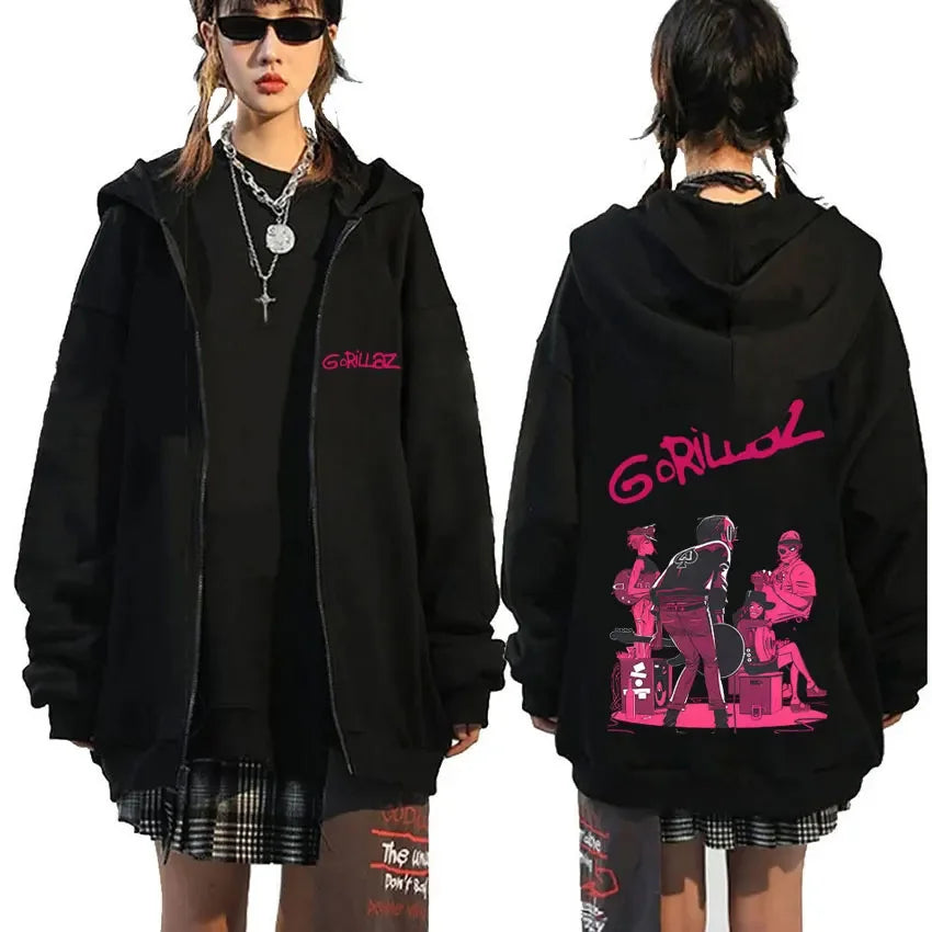 Black zip-up hoodie with pink gorillaz demon days eyes graphic and character illustration on the back for hip hop fashion