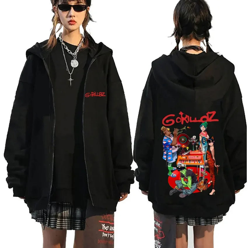 Black zip up hoodie with vibrant gorkys zebra band graphic on back and red lettering on front for hip hop fashion