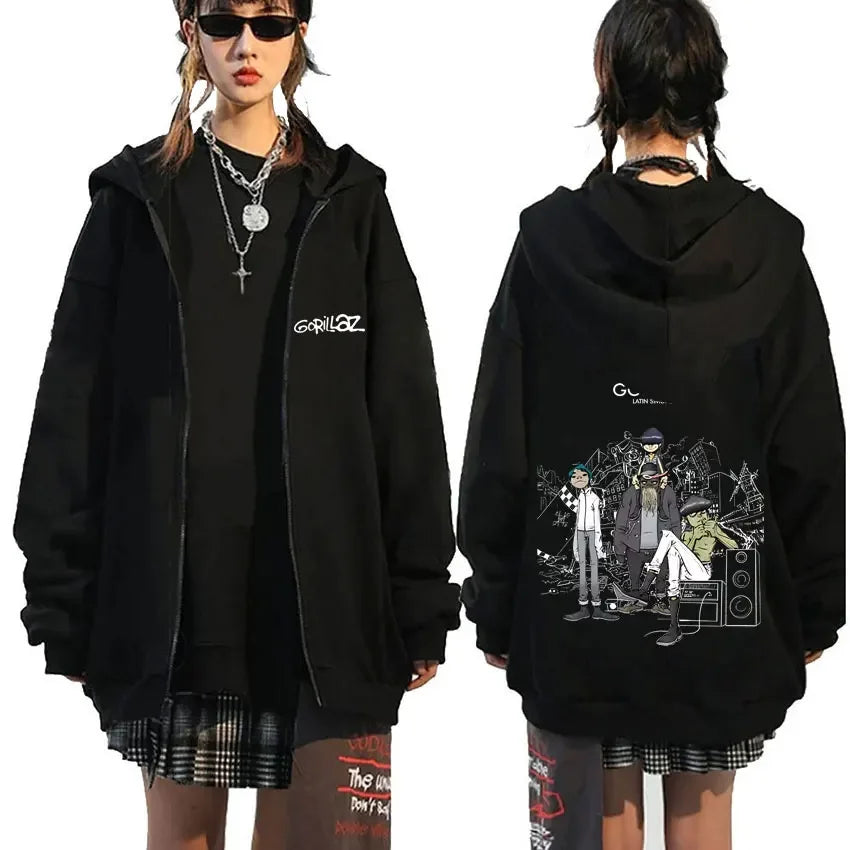 Black zip-up hoodie with gorillaz demon days graphic print on back featuring cartoon characters for hip hop fashion