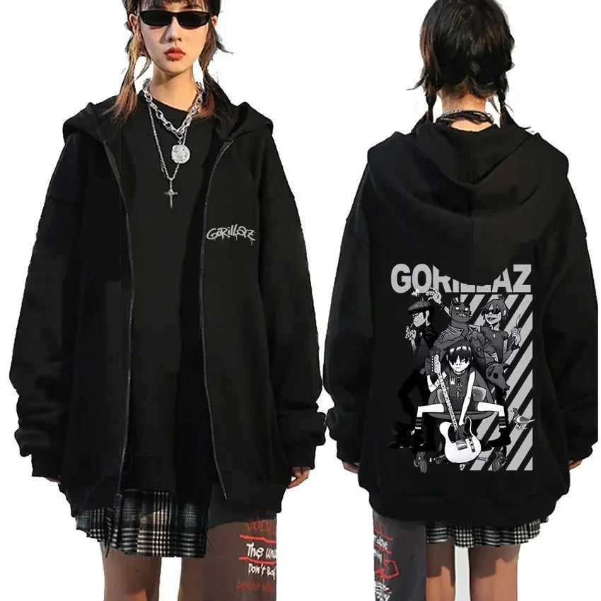 Black zip up hoodie with gorillaz demon days eyes graphic on back and stylized rock band gorillaz name front hip hop fashion