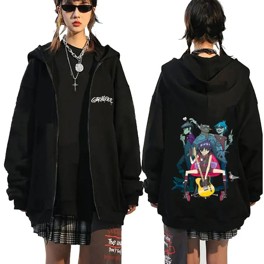 Black zip-up hoodie with gorillaz demon days graphic on back and white rock band gorillaz text front for hip hop fashion