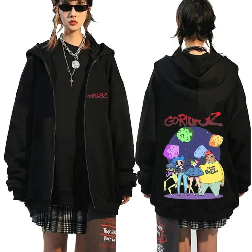 Black zip-up hoodie with colorful gorillaz band graphic on back and demon days eyes logo on front for hip hop fashion