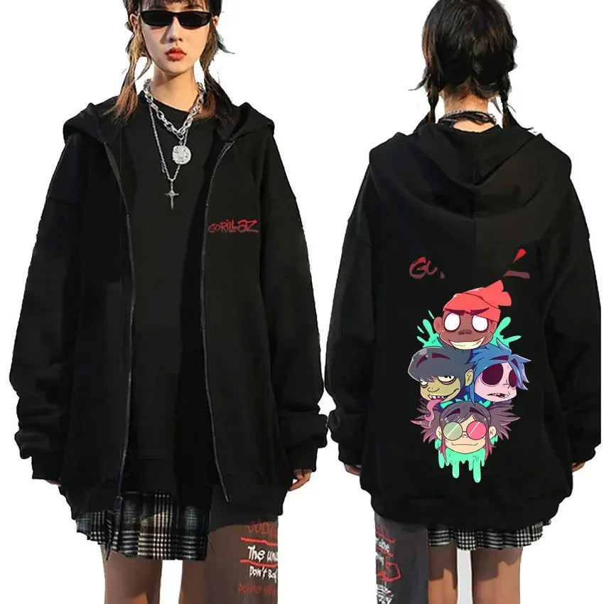 Black zip-up hoodie with colorful cartoon demon days eyes graphic on back and gorillaz branding for hip hop fashion