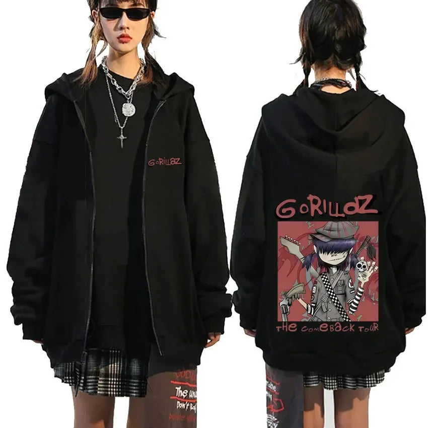 Black zip-up hoodie with gorillaz demon days graphic of purple-haired anime character and pink gorillaz text for hip hop fashion