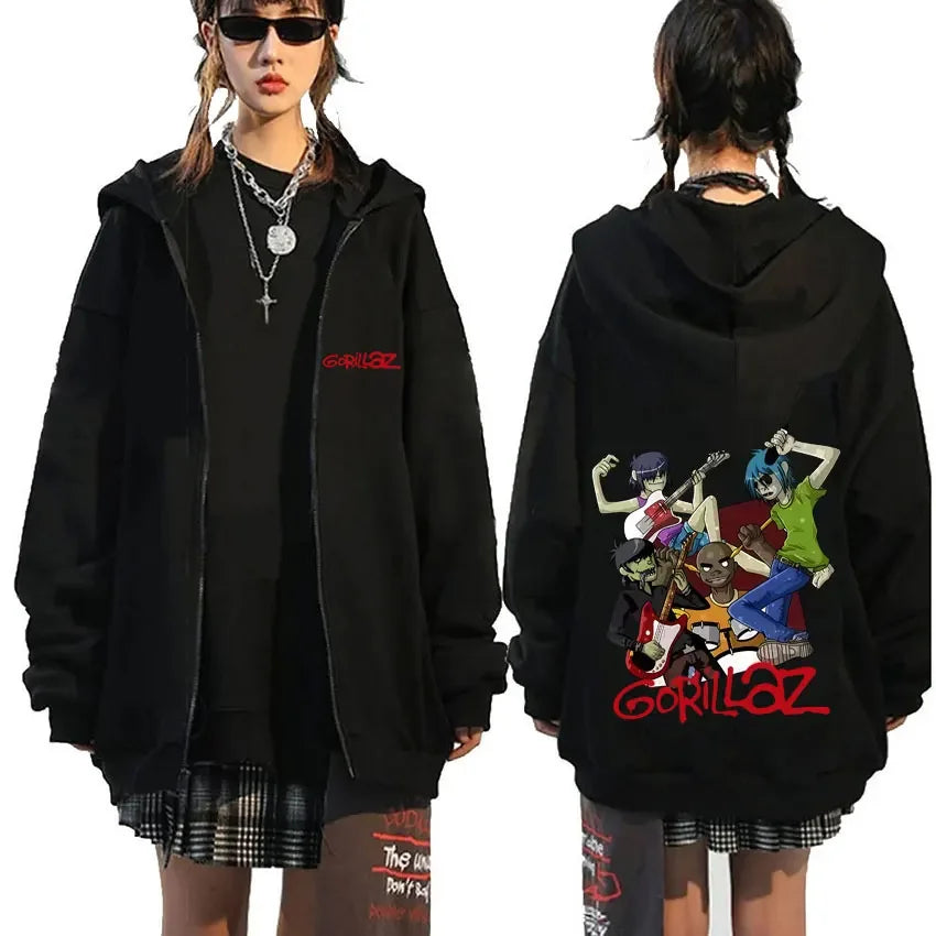 Back of black rock band gorillaz hoodie with vibrant demon days eyes graphic and red hip hop fashion lettering