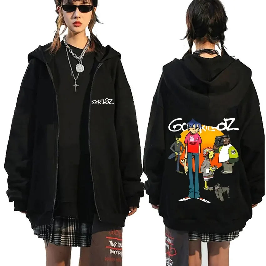 Black gorillaz hoodie with colorful cartoon back graphic and white front lettering for hip hop fashion fans
