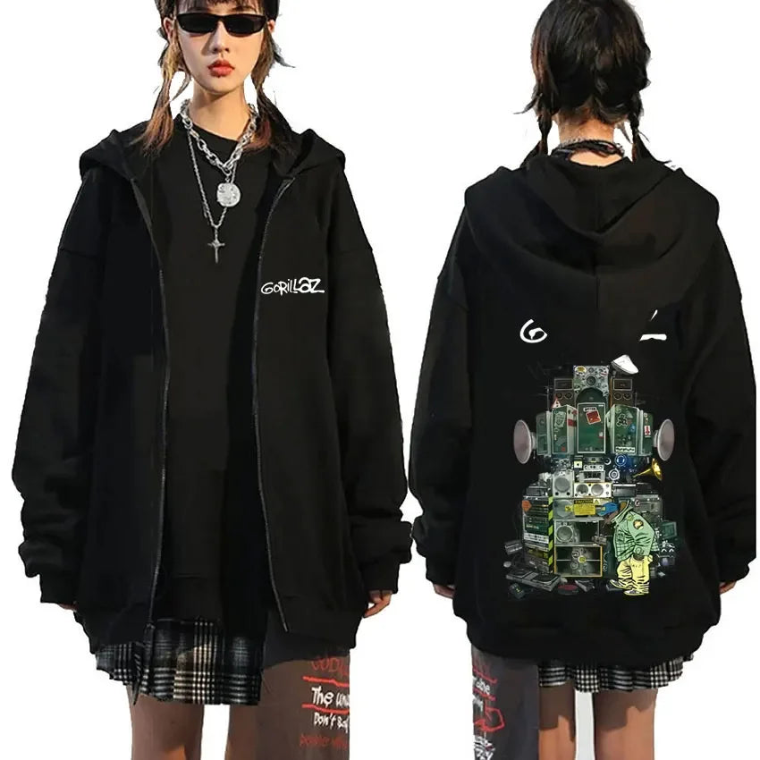 Back of black rock band gorillaz demon days zip-up hoodie with vintage audio and cartoon graphic for hip hop fashion
